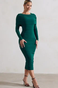 Lea | Bottle Green Long Sleeve Ruched Midi Dress with Draped Bardot Overlay