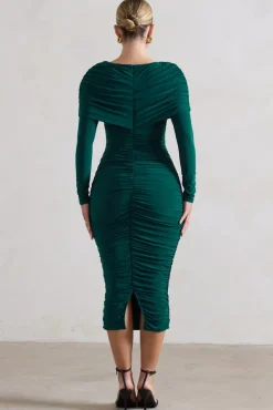 Lea | Bottle Green Long Sleeve Ruched Midi Dress with Draped Bardot Overlay