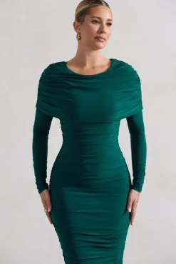 Lea | Bottle Green Long Sleeve Ruched Midi Dress with Draped Bardot Overlay
