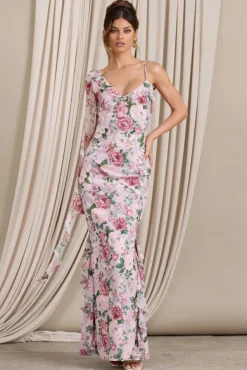 Leading Lady | Pink Floral Print Chiffon Asymmetric Ruffle Maxi Dress