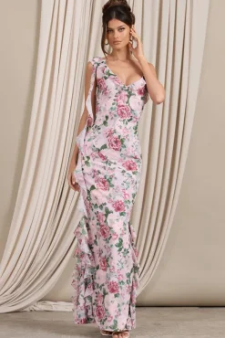 Leading Lady | Pink Floral Print Chiffon Asymmetric Ruffle Maxi Dress