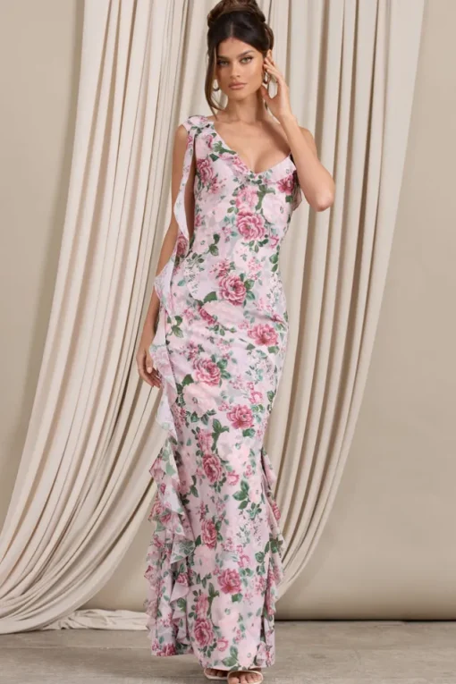 Leading Lady | Pink Floral Print Chiffon Asymmetric Ruffle Maxi Dress