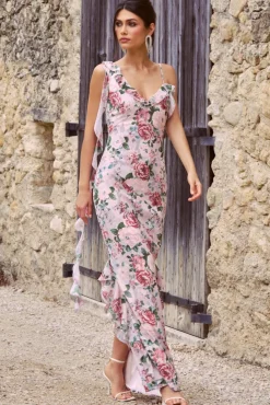 Leading Lady | Pink Floral Print Chiffon Asymmetric Ruffle Maxi Dress