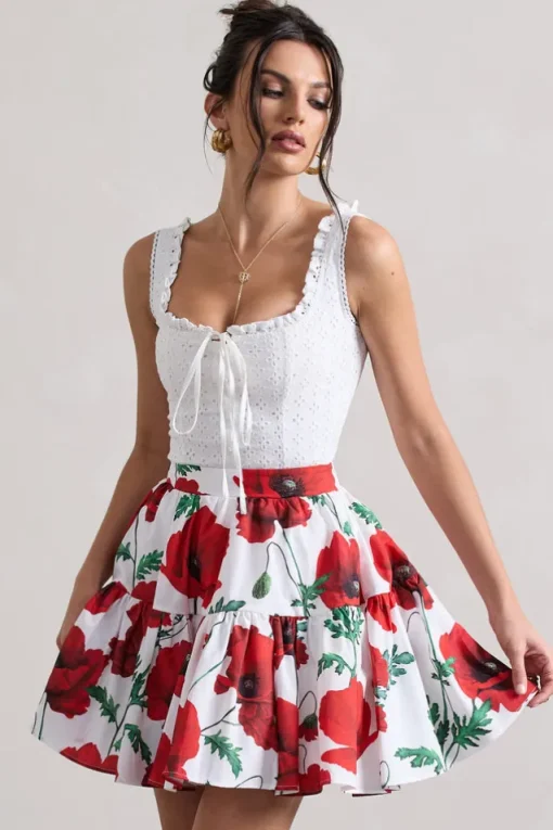 Lecce | White Broderie Buttoned Corset Style Top With Lace Detail
