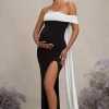 Legacy | Black u0026 White Bardot Split Maternity Maxi Dress With Drape