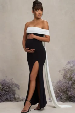 Legacy | Black u0026 White Bardot Split Maternity Maxi Dress With Drape