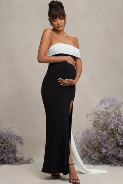 Legacy | Black u0026 White Bardot Split Maternity Maxi Dress With Drape