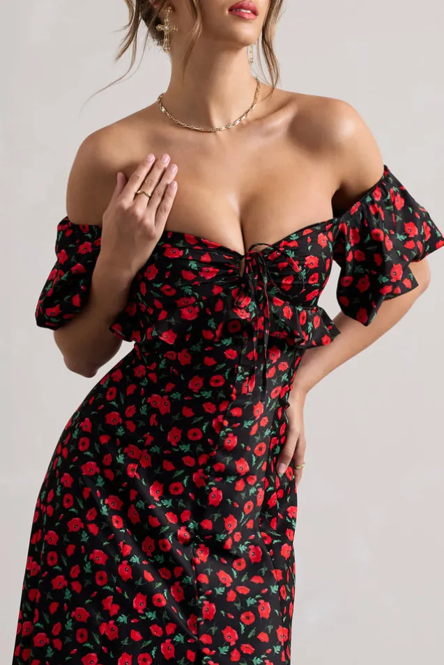 Lenna | Black u0026 Red Floral Bardot Buttoned Split Maxi Dress
