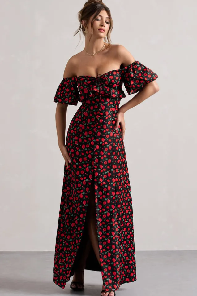 Lenna | Black u0026 Red Floral Bardot Buttoned Split Maxi Dress