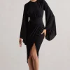 Lennox | Black Drape-Sleeve Gathered Midi Dress