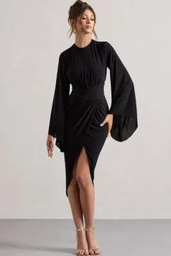 Lennox | Black Drape-Sleeve Gathered Midi Dress