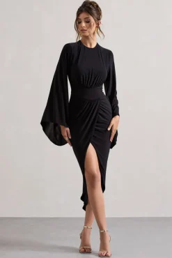 Lennox | Black Drape-Sleeve Gathered Midi Dress