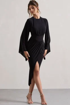 Lennox | Black Drape-Sleeve Gathered Midi Dress