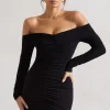 Leola | Black Ruched Bodycon Bardot Long Sleeve Mini Dress