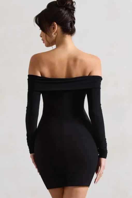 Leola | Black Ruched Bodycon Bardot Long Sleeve Mini Dress