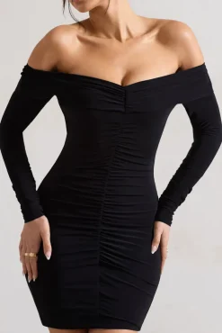 Leola | Black Ruched Bodycon Bardot Long Sleeve Mini Dress