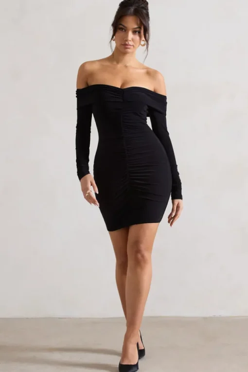 Leola | Black Ruched Bodycon Bardot Long Sleeve Mini Dress