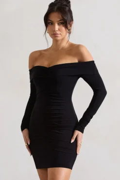 Leola | Black Ruched Bodycon Bardot Long Sleeve Mini Dress