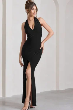 Leonie | Black Halter-Neck Split Maxi Dress With Wrap Detail