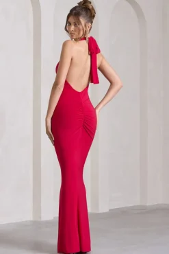 Leonie | Red Halter-Neck Split Maxi Dress With Wrap Detail
