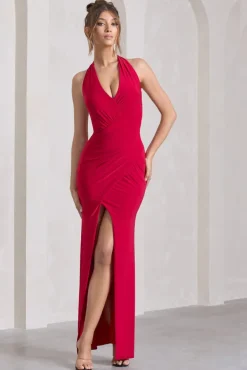 Leonie | Red Halter-Neck Split Maxi Dress With Wrap Detail