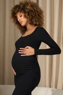 Leonora | Black Square-Neck Long-Sleeve Split Maternity Midi Dress