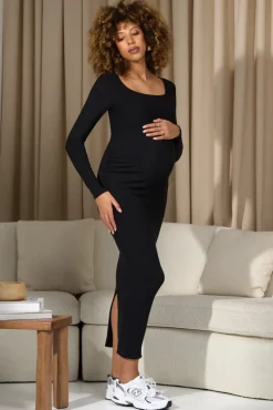 Leonora | Black Square-Neck Long-Sleeve Split Maternity Midi Dress