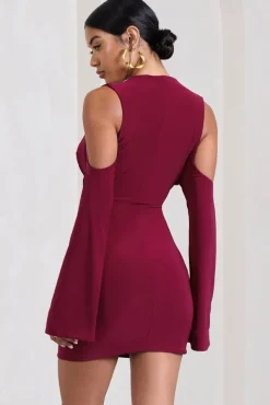Let's Escape | Berry Cowl-Neck Cut-Out Long-Sleeved Mini Dress