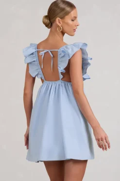 Let's Laze | Blue Poplin Smocked Mini Dress With Frilled Straps