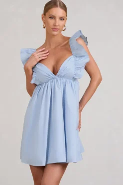 Let's Laze | Blue Poplin Smocked Mini Dress With Frilled Straps