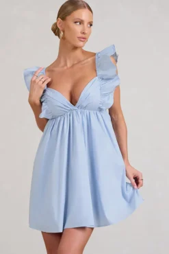 Let's Laze | Blue Poplin Smocked Mini Dress With Frilled Straps