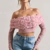 Libbie | Pink Mesh Floral Bardot Top