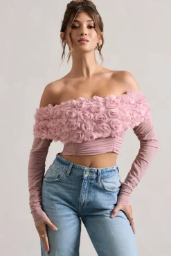 Libbie | Pink Mesh Floral Bardot Top