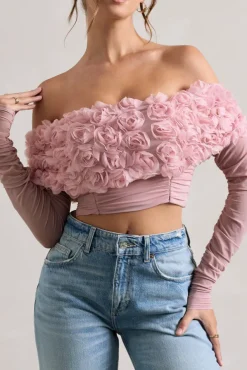 Libbie | Pink Mesh Floral Bardot Top