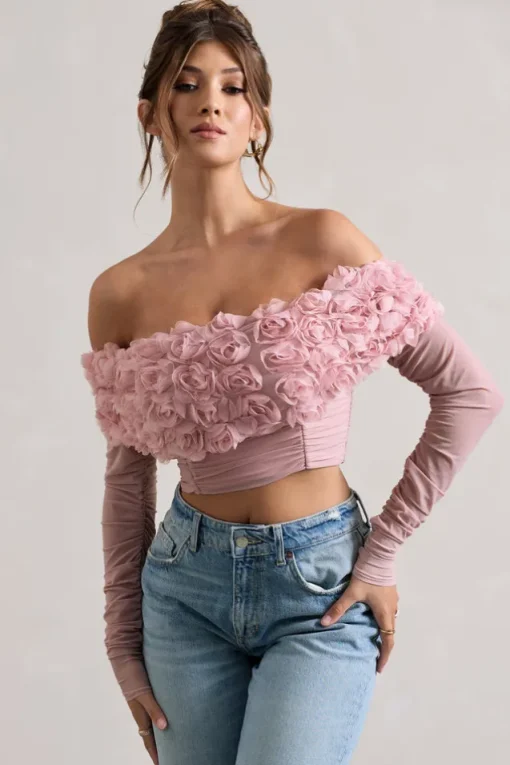 Libbie | Pink Mesh Floral Bardot Top
