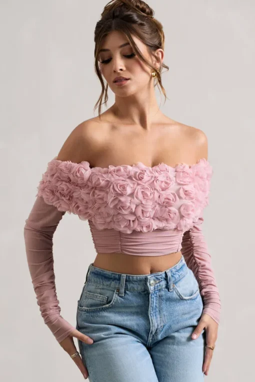 Libbie | Pink Mesh Floral Bardot Top