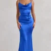 Lifetime | Cobalt Blue Satin Cowl Neck Maxi Dress With Cross Back Detail