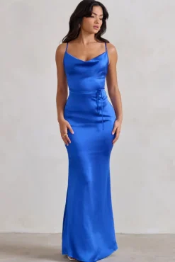 Lifetime | Cobalt Blue Satin Cowl Neck Maxi Dress With Cross Back Detail