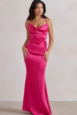 Lifetime | Fuchsia Pink Satin Cowl Neck Maxi Dress With Cross Back Detail