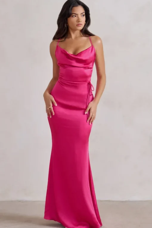 Lifetime | Fuchsia Pink Satin Cowl Neck Maxi Dress With Cross Back Detail