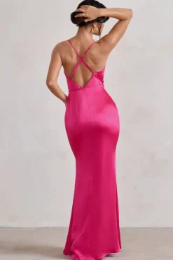 Lifetime | Fuchsia Pink Satin Cowl Neck Maxi Dress With Cross Back Detail