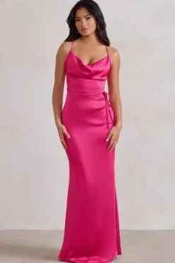 Lifetime | Fuchsia Pink Satin Cowl Neck Maxi Dress With Cross Back Detail