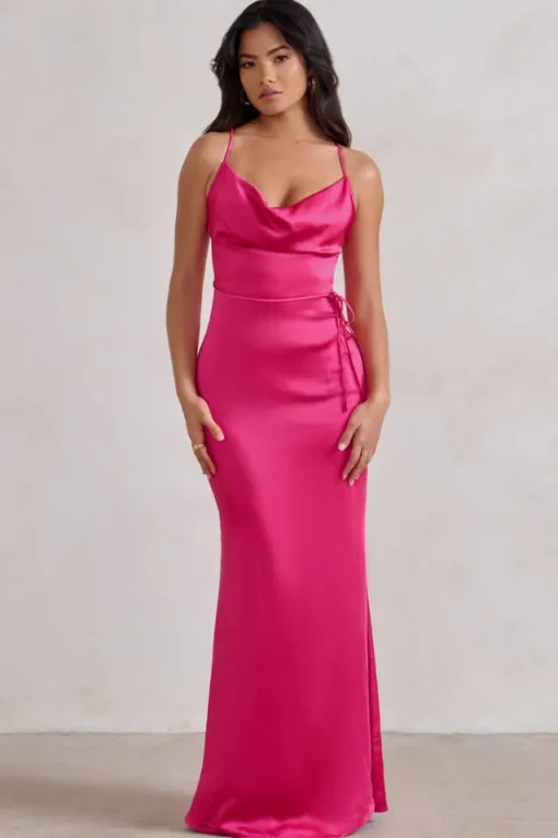 Lifetime | Fuchsia Pink Satin Cowl Neck Maxi Dress With Cross Back Detail