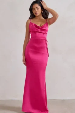 Lifetime | Fuchsia Pink Satin Cowl Neck Maxi Dress With Cross Back Detail
