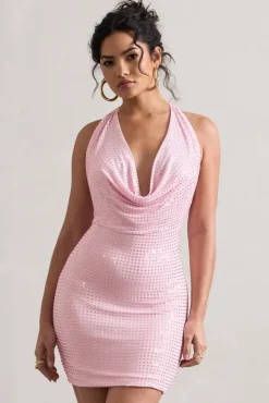 Light Show | Blush Pink Embellished Cowl-Neck Mini Dress