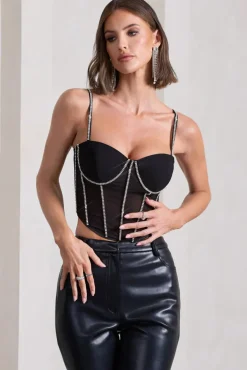 Lights On | Black Mesh Diamante Strapless Corset Top