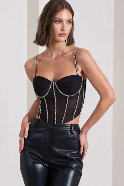 Lights On | Black Mesh Diamante Strapless Corset Top