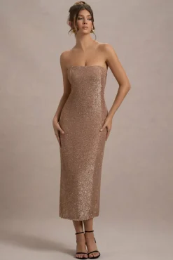Lilabelle | Rose Gold Plisse Sequin Bandeau Midi Dress