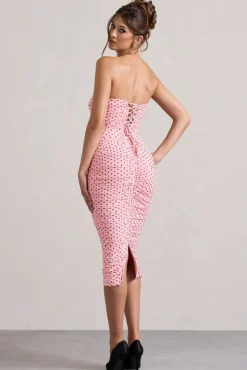 Lille | Pink Polka Dot Ruched Mesh Strapless Midi Dress With Corsage