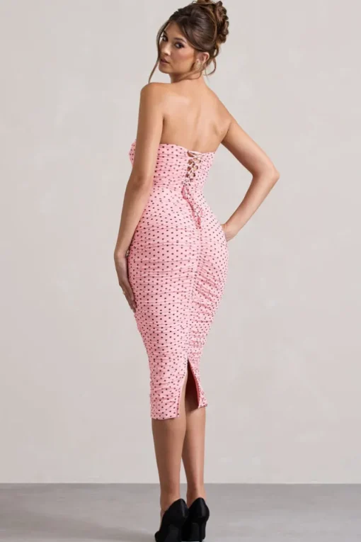 Lille | Pink Polka Dot Ruched Mesh Strapless Midi Dress With Corsage